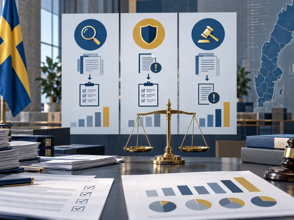 Swedish regulatory files and penalty comparisons arranged beside legal scales