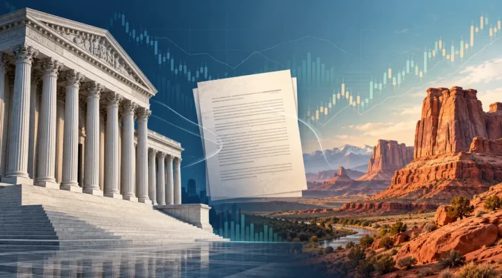 Federal courthouse and Utah red-rock landscape divided by a legal filing and market chart