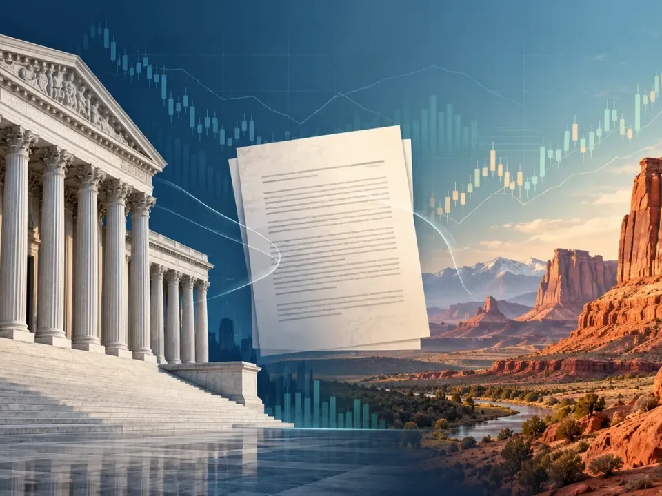 Federal courthouse and Utah red-rock landscape divided by a legal filing and market chart