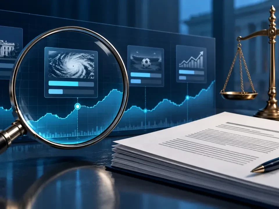 Una lupa examina gráficos abstractos de mercados predictivos junto a una balanza jurídica