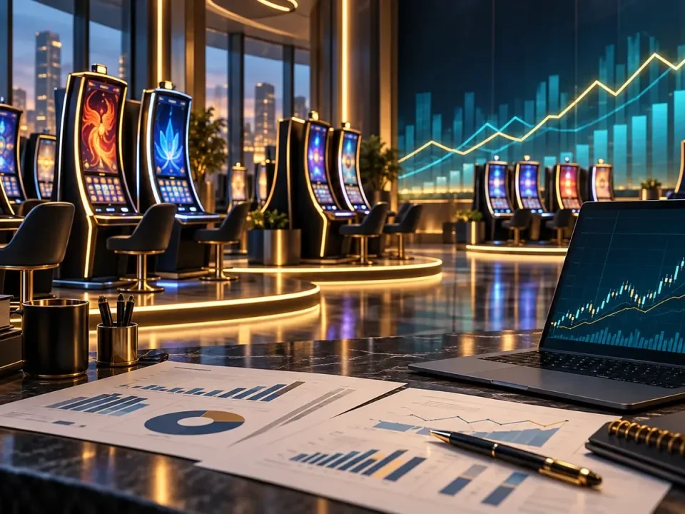 Illustration of gaming machines and rising financial charts on an analyst's desk