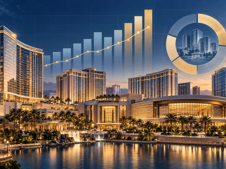 Complejos de casino bajo gráficos financieros al alza y un gráfico circular de asignación de capital