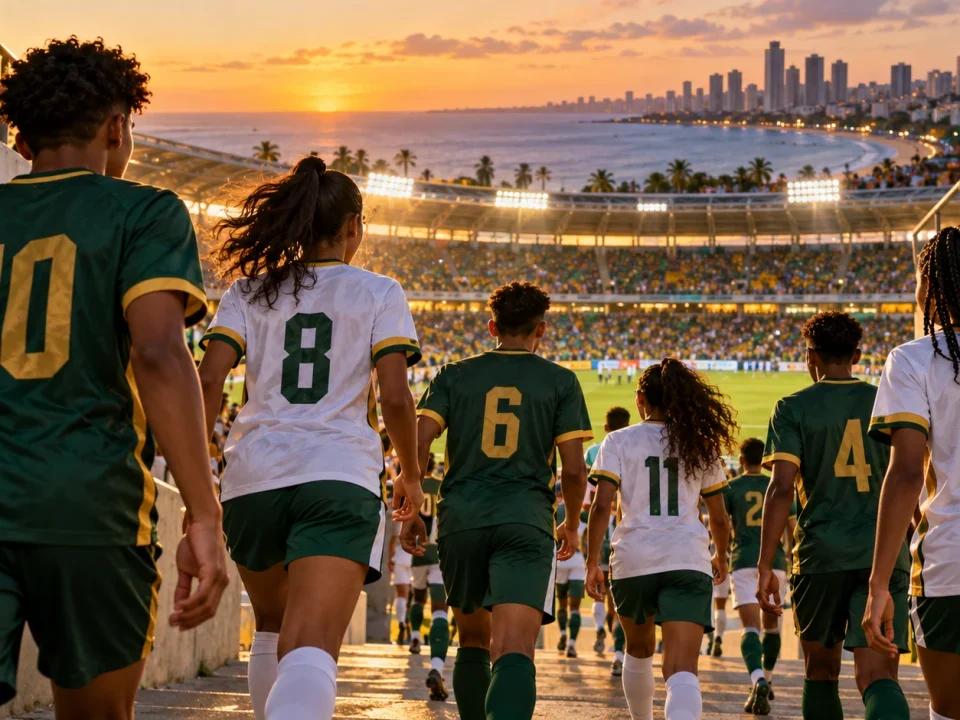 Young community footballers entering a stadium at sunset