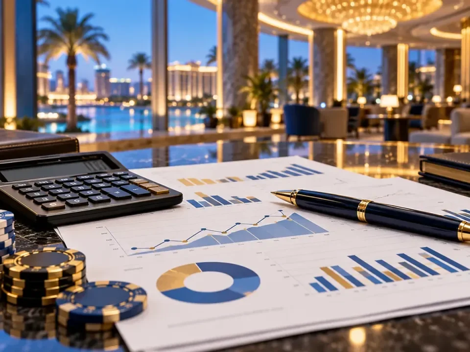 Ilustración de gráficos financieros, una calculadora y fichas de juego en un complejo turístico