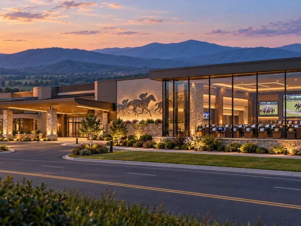 Illustrated Virginia entertainment venue with horse-racing screens and historical racing machines