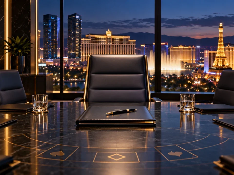 Una silla vacía y una carpeta de nombramiento en una mesa de consejo en Las Vegas