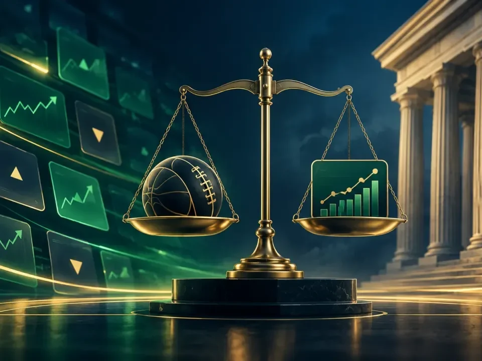 Conceptual scales balancing sports contracts and financial prediction markets beside a courthouse