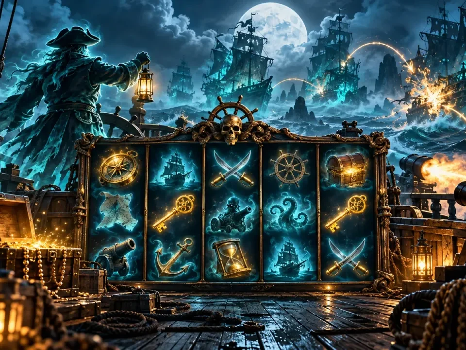 Illustration of a haunted pirate ship, generic slot reels and a cannon battle at sea