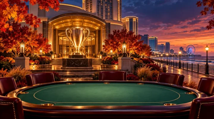 Autumn poker table and trophy outside a generic Atlantic City resort at twilight