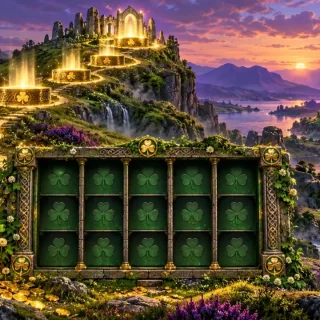 Conceptual Irish fantasy slot landscape with five golden levels and a bonus wheel