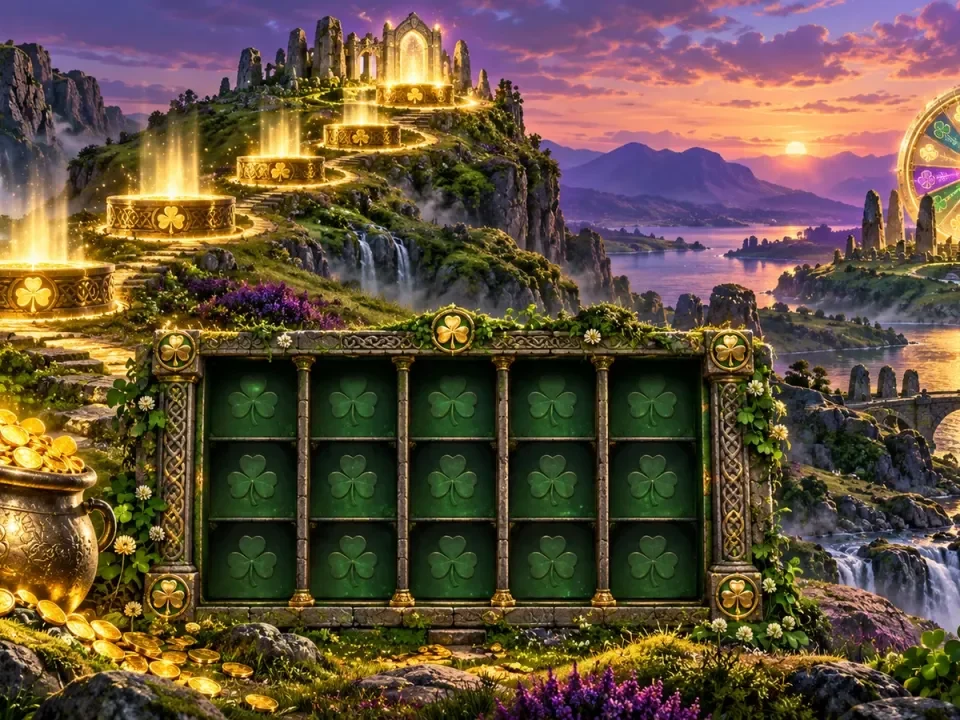 Conceptual Irish fantasy slot landscape with five golden levels and a bonus wheel