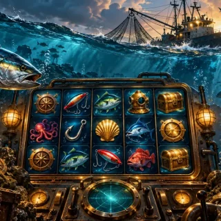 Conceptual underwater fishing slot interface with reels and deep-sea imagery