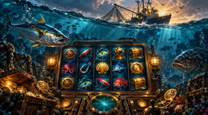 Conceptual underwater fishing slot interface with reels and deep-sea imagery