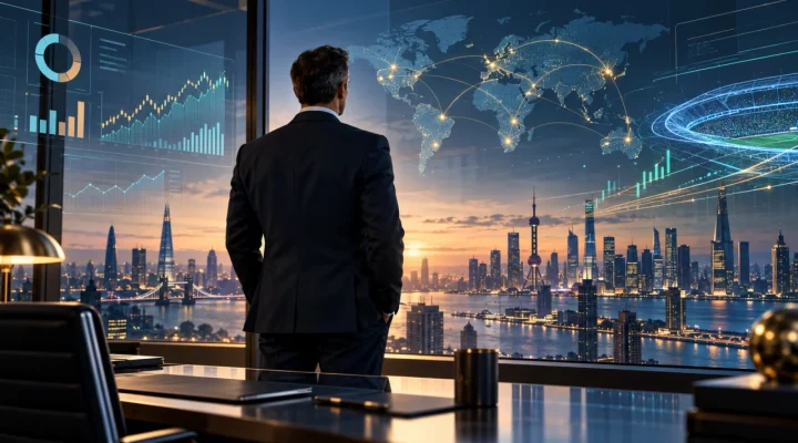 Ejecutivo financiero observando datos de mercados globales desde una oficina moderna