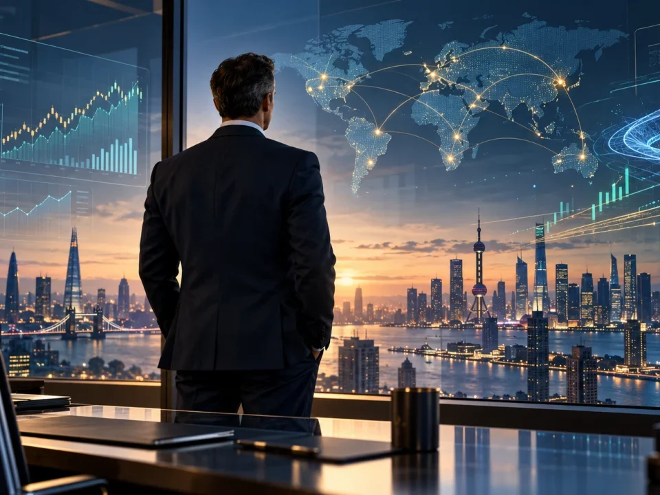 Ejecutivo financiero observando datos de mercados globales desde una oficina moderna