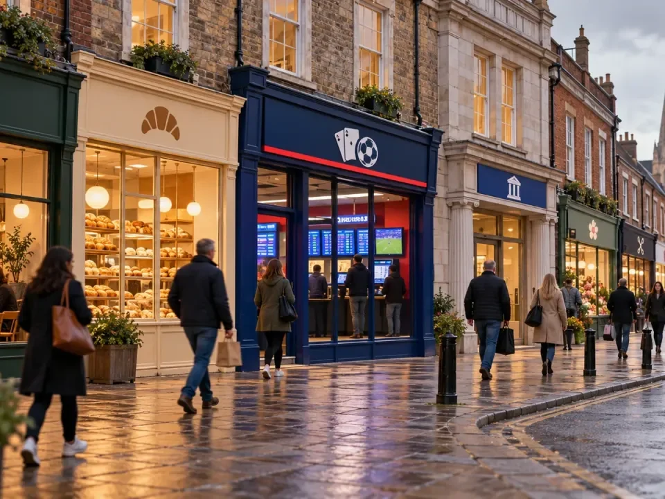 Escena generada de una calle comercial británica con una casa de apuestas sin marca junto a una cafetería, panadería, banco y otros comercios