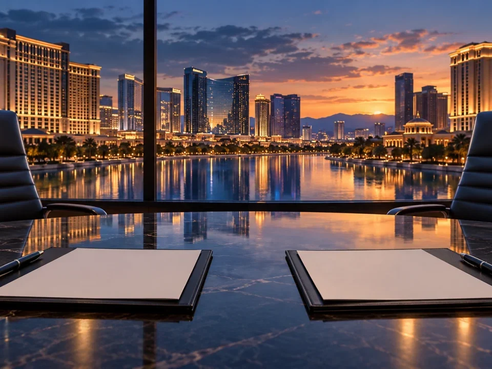 Two empty boardroom chairs facing a generic resort skyline