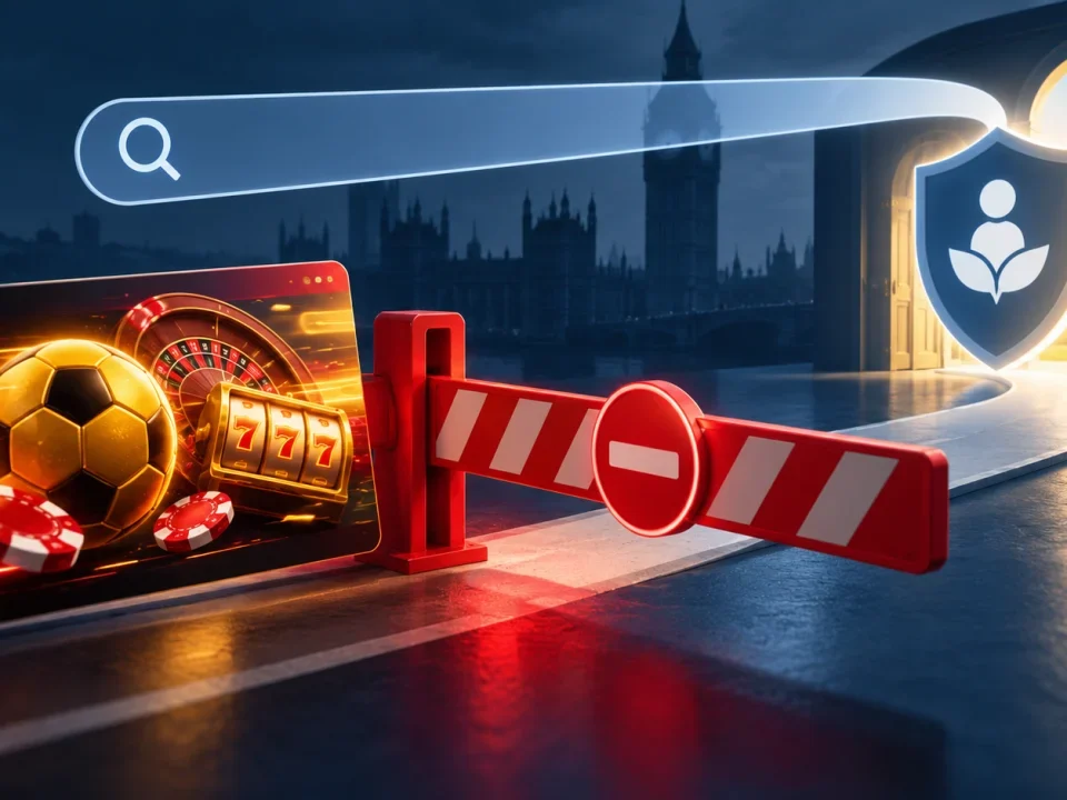 A compliance barrier blocks a betting advert from reaching a self-exclusion search path