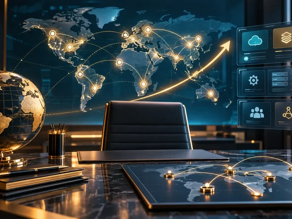 Conceptual executive strategy office with a global partnership network and modular iGaming platform panels