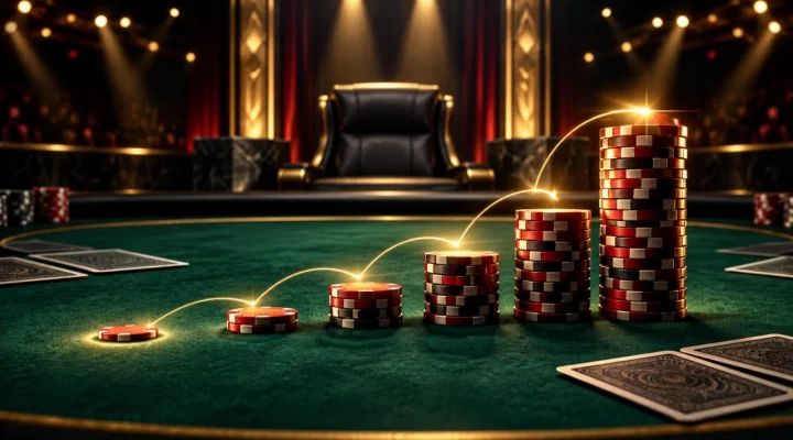 Illustration of one poker chip growing into a tall stack across a tournament table