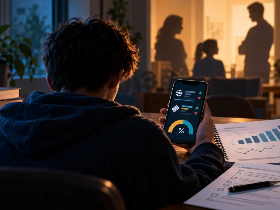 Teenager viewing generic gambling symbols beside survey charts