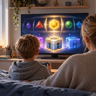 Parent and child viewing randomized reward boxes in a video game in a Danish bedroom