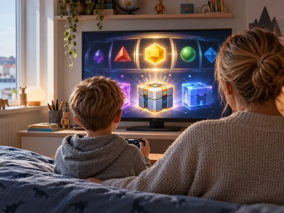 Parent and child viewing randomized reward boxes in a video game in a Danish bedroom
