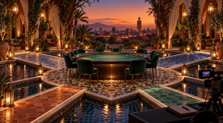 Conceptual poker table in a Marrakech riad courtyard with a live-reporting camera