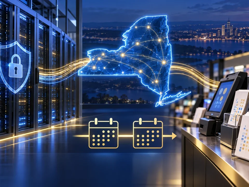 Illustration of secure lottery servers connected to retail terminals across New York State