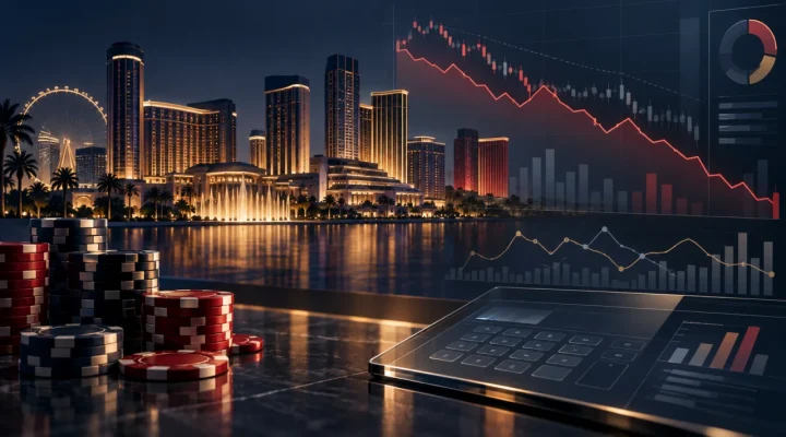 Ilustración de un horizonte de casinos junto a gráficos financieros moderados y fichas de juego