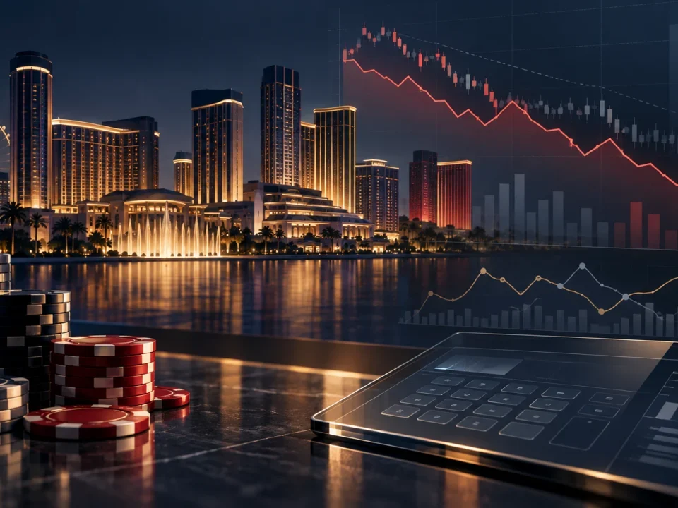 Ilustración de un horizonte de casinos junto a gráficos financieros moderados y fichas de juego