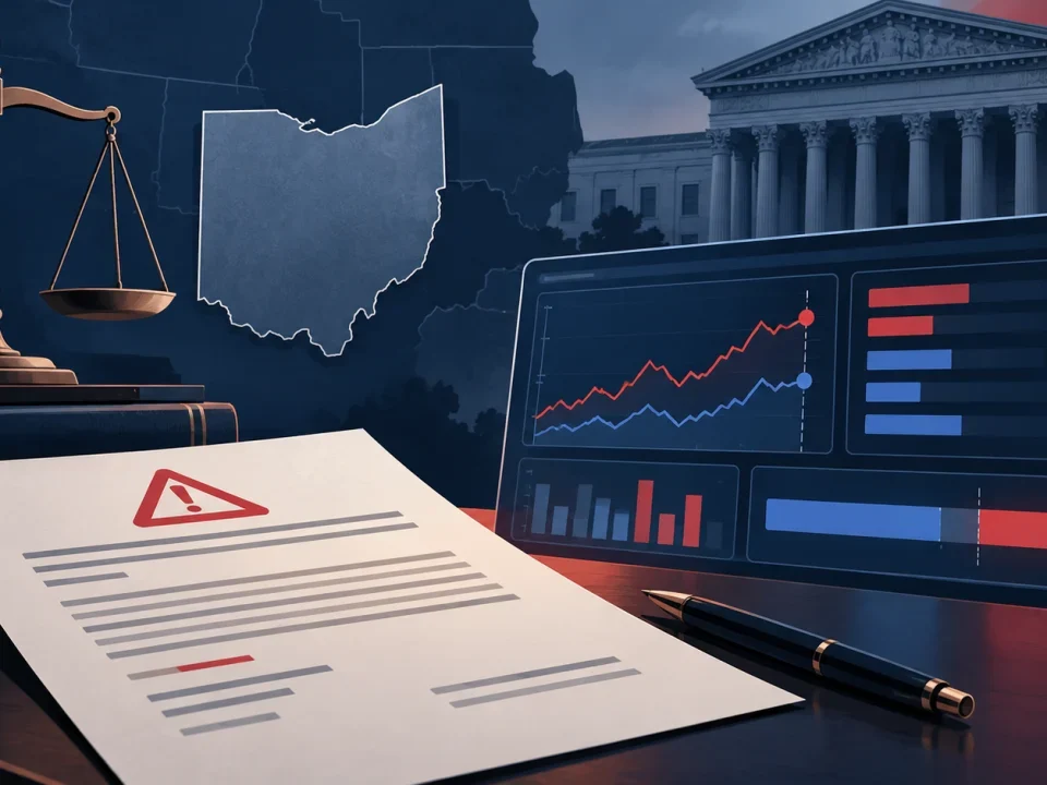 Illustration of an Ohio compliance notice beside an abstract prediction-market display