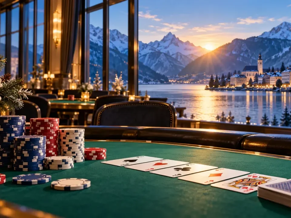 Illustration of a poker table overlooking an Alpine lake in winter