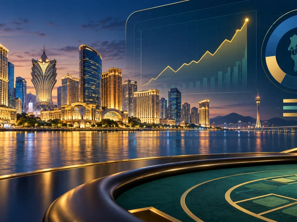 Conceptual Macau resort skyline with revenue and market-share graphics