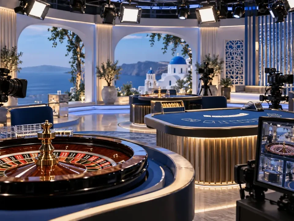 Conceptual live-casino broadcast studio with roulette and card tables in a Greek coastal setting