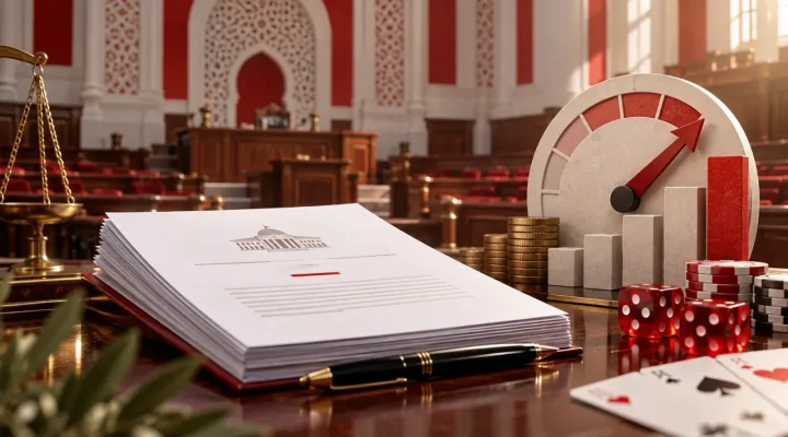 Conceptual Tunisian finance bill with an upward tax gauge and gaming symbols