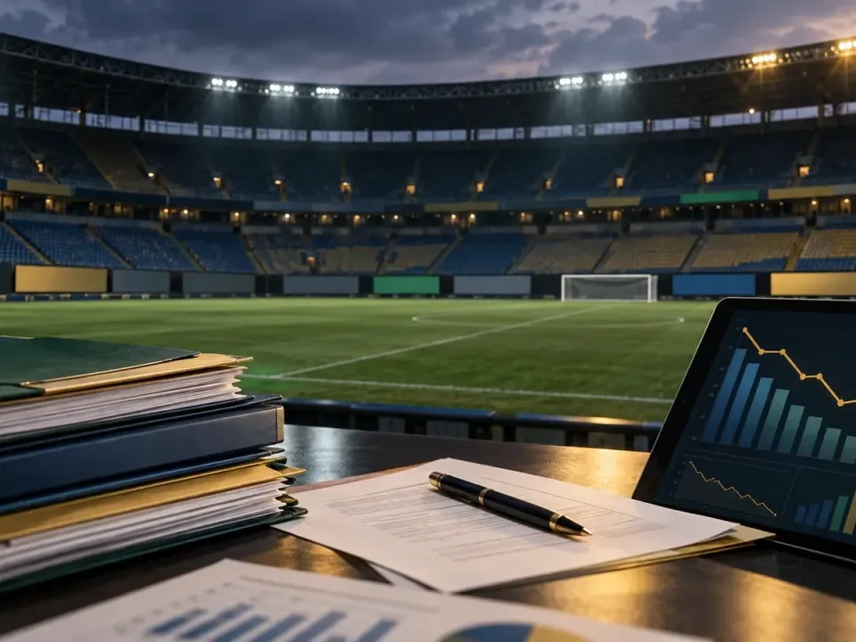 Estadio de fútbol vacío con contratos de patrocinio y un gráfico de ingresos a la baja