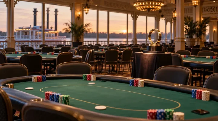 Empty poker tournament room beside a river with a gold ring trophy on display