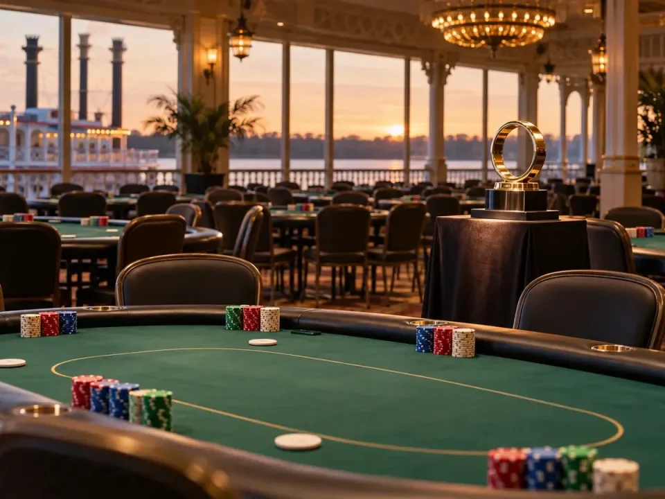 Empty poker tournament room beside a river with a gold ring trophy on display