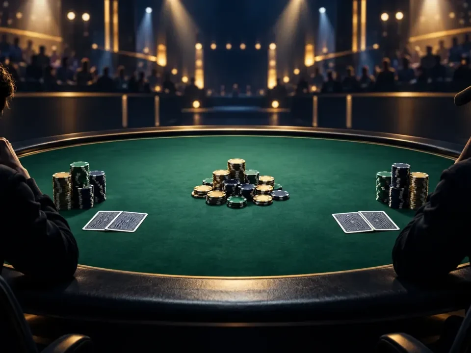 Illustration of two anonymous poker players facing each other across a tournament table