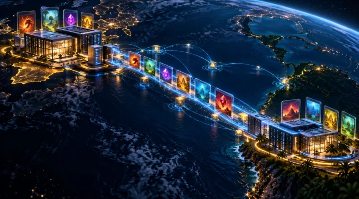 Abstract digital game tiles moving through a secure network between Europe and South America