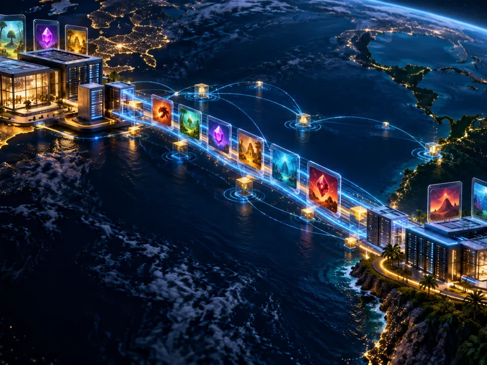 Abstract digital game tiles moving through a secure network between Europe and South America