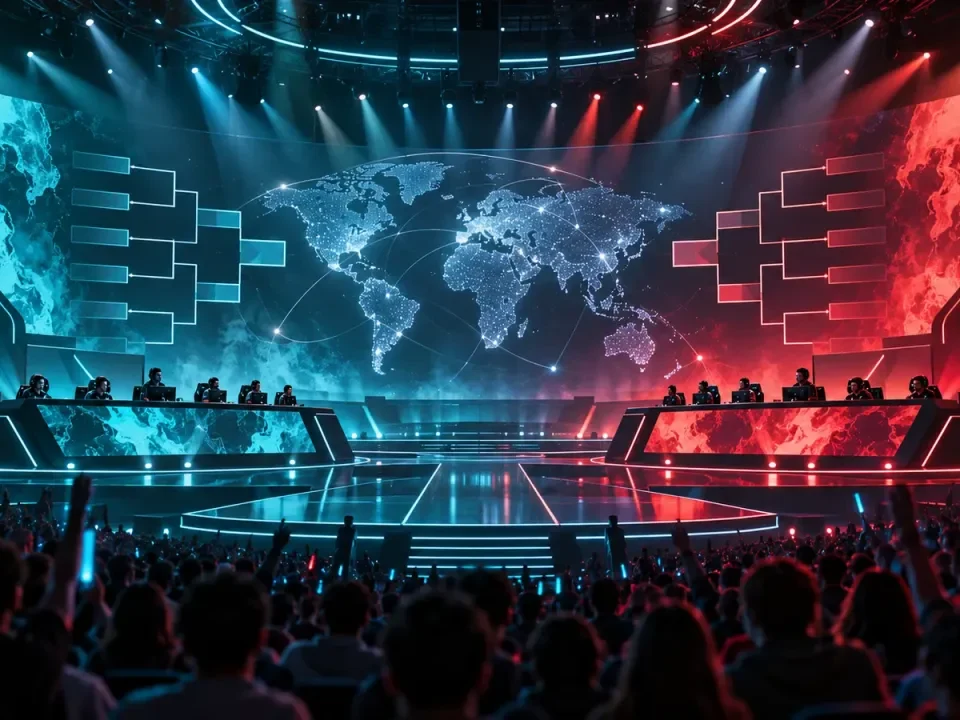 Ilustración generada de dos equipos de esports compitiendo en un torneo mundial