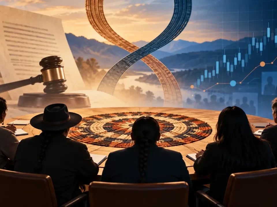 A conceptual Tribal policy roundtable beside a legal gavel and digital market chart