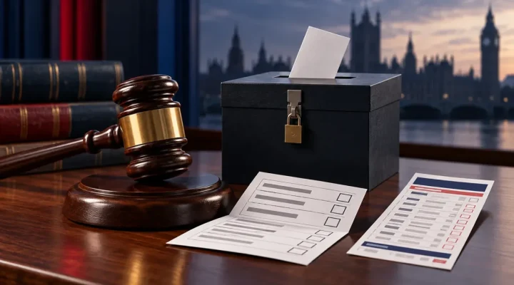 Conceptual illustration of a court gavel, ballot box and betting document