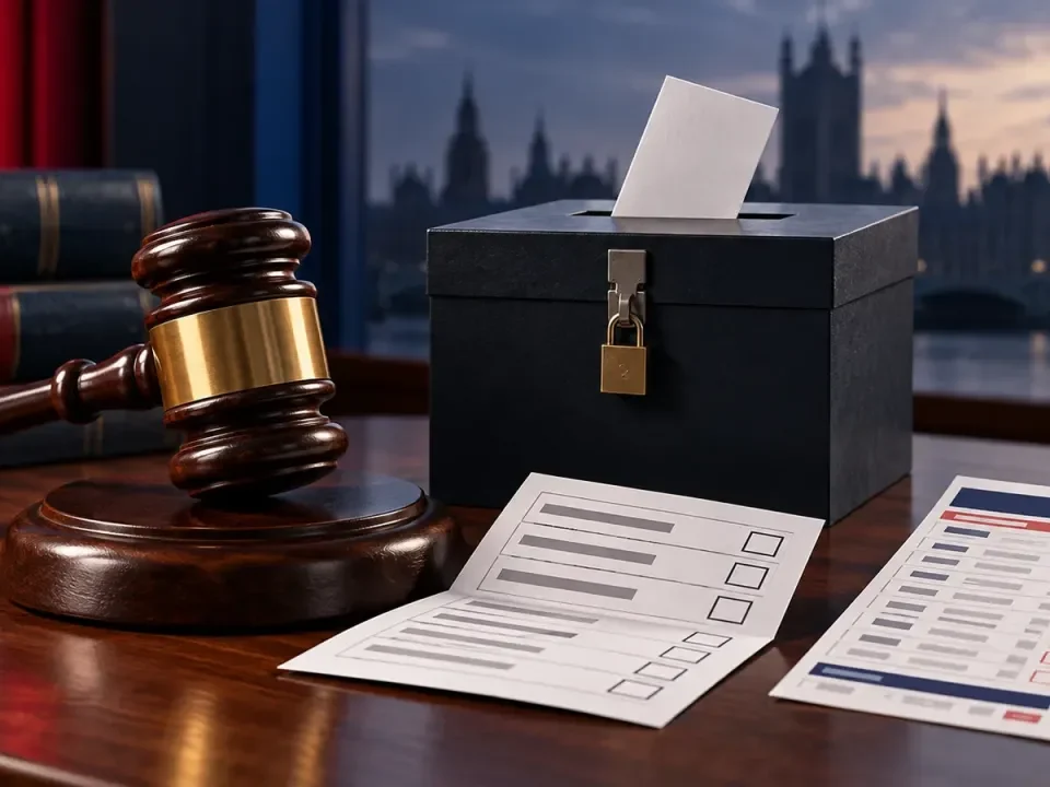 Conceptual illustration of a court gavel, ballot box and betting document