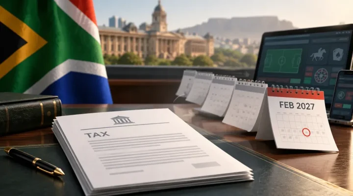 Conceptual South African budget desk with a calendar pointing to February 2027