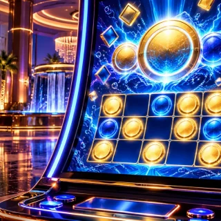 Conceptual casino cabinet with electric coin circles and a bonus grid