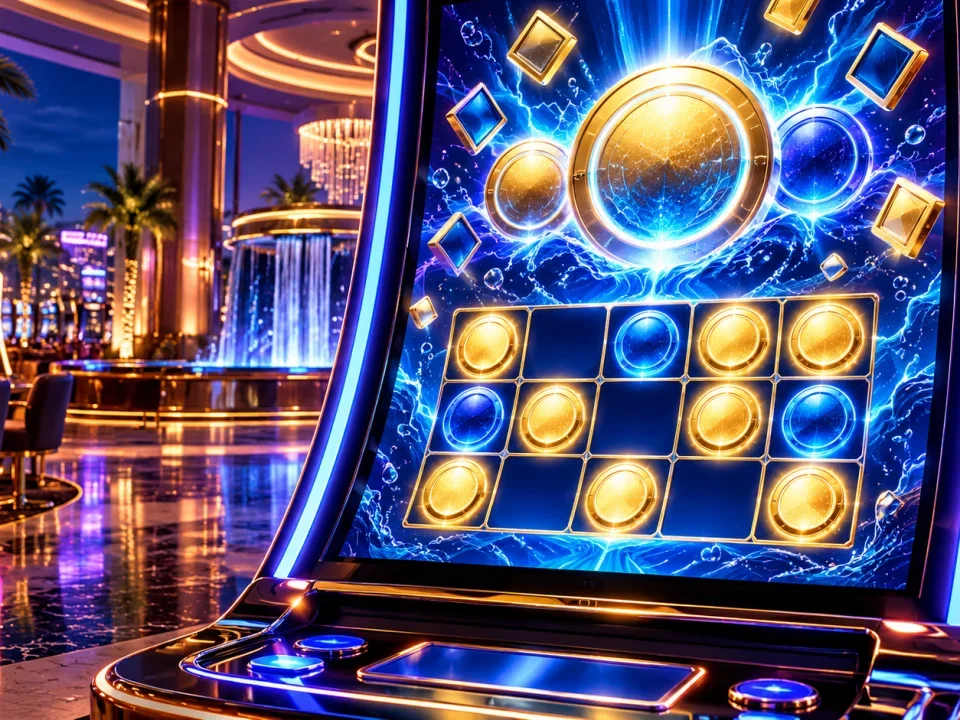 Conceptual casino cabinet with electric coin circles and a bonus grid
