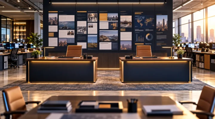 Two leadership desks in a conceptual digital newsroom